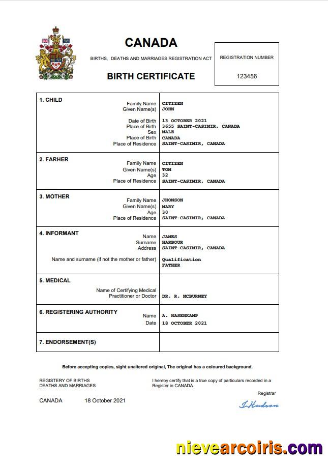 Canada birth certificate